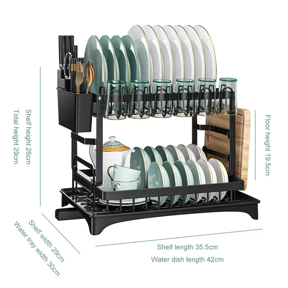 2 Tier Dish Drainer Rack with Drip Tray Cutlery Holder Plate Racks Kitchen Sink