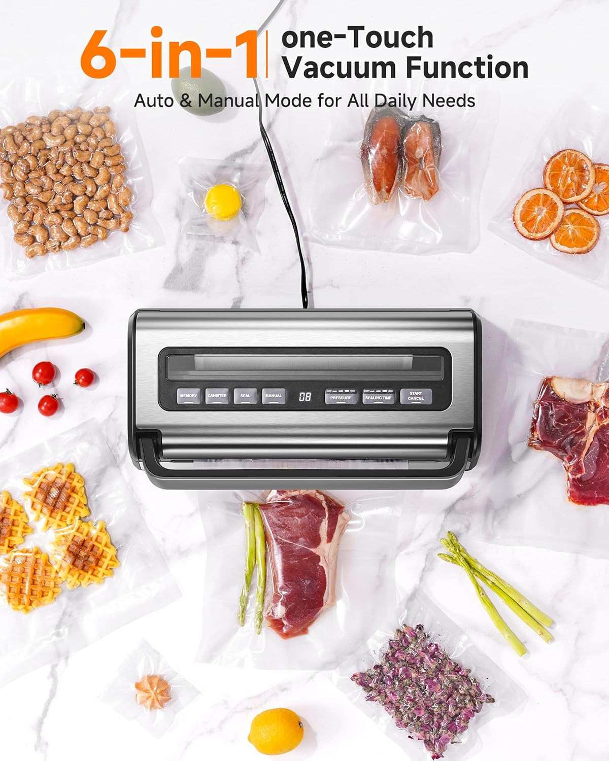 95Kpa 9-in-1 Automatic Vacuum Sealer for All Food Types – Dry, Moist, Liquid