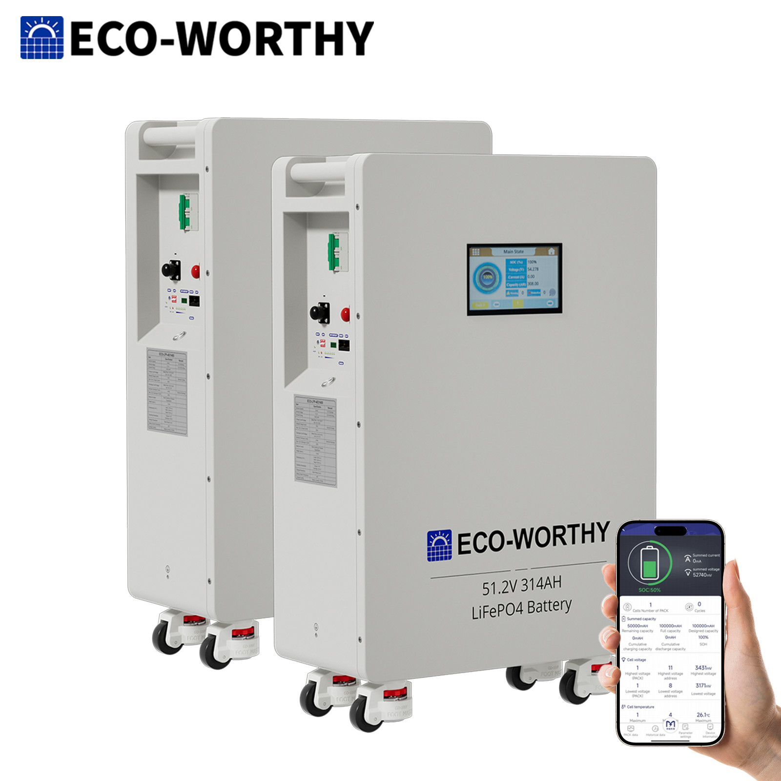 ECO-WORTHY 2Pack 14kWh 48V 280AH LiFePO4 Battery Vertical Standing Solar Backup
