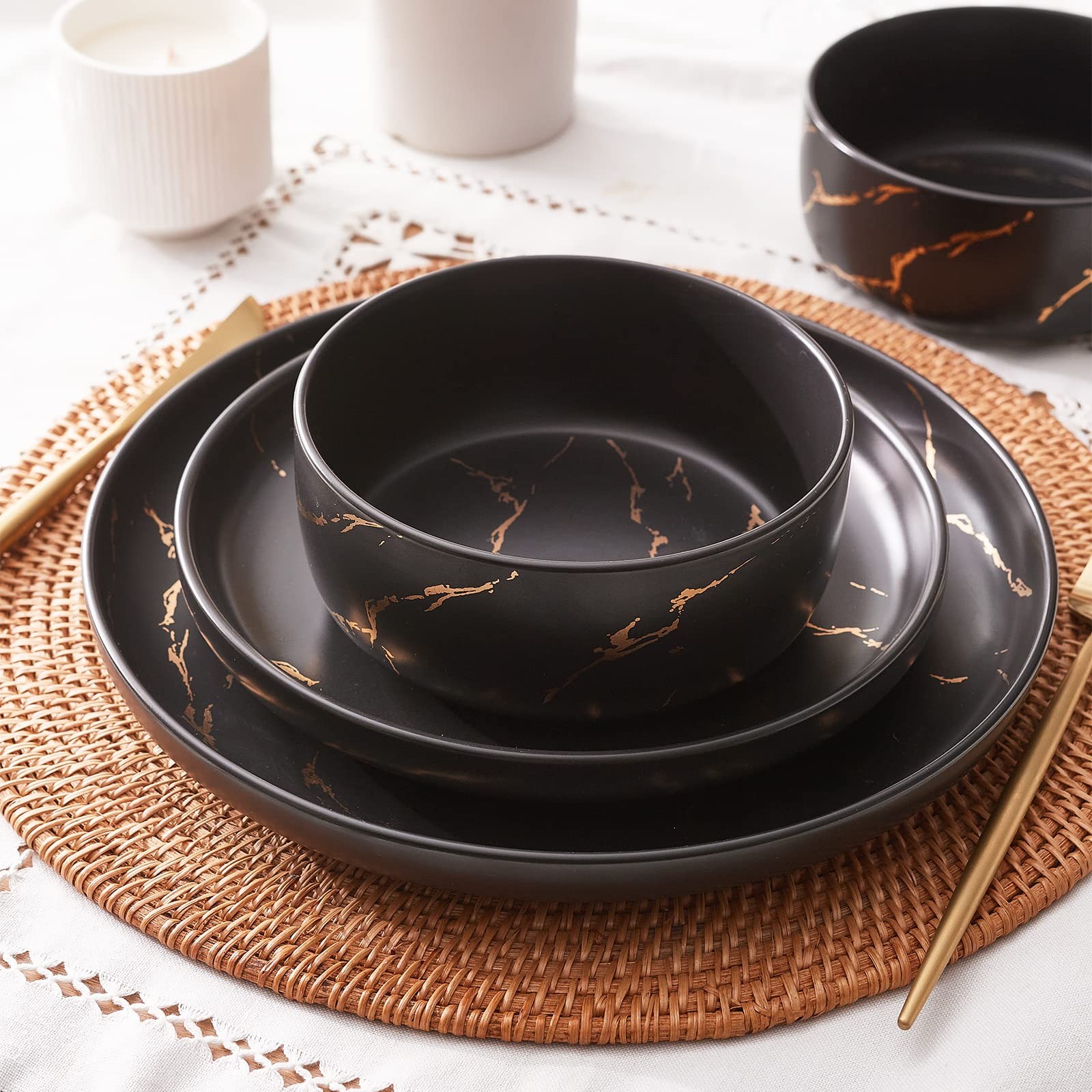 Pokini Black Gold Splash Dinnerware Sets, Marble Porcelain Plates and Bowls S…