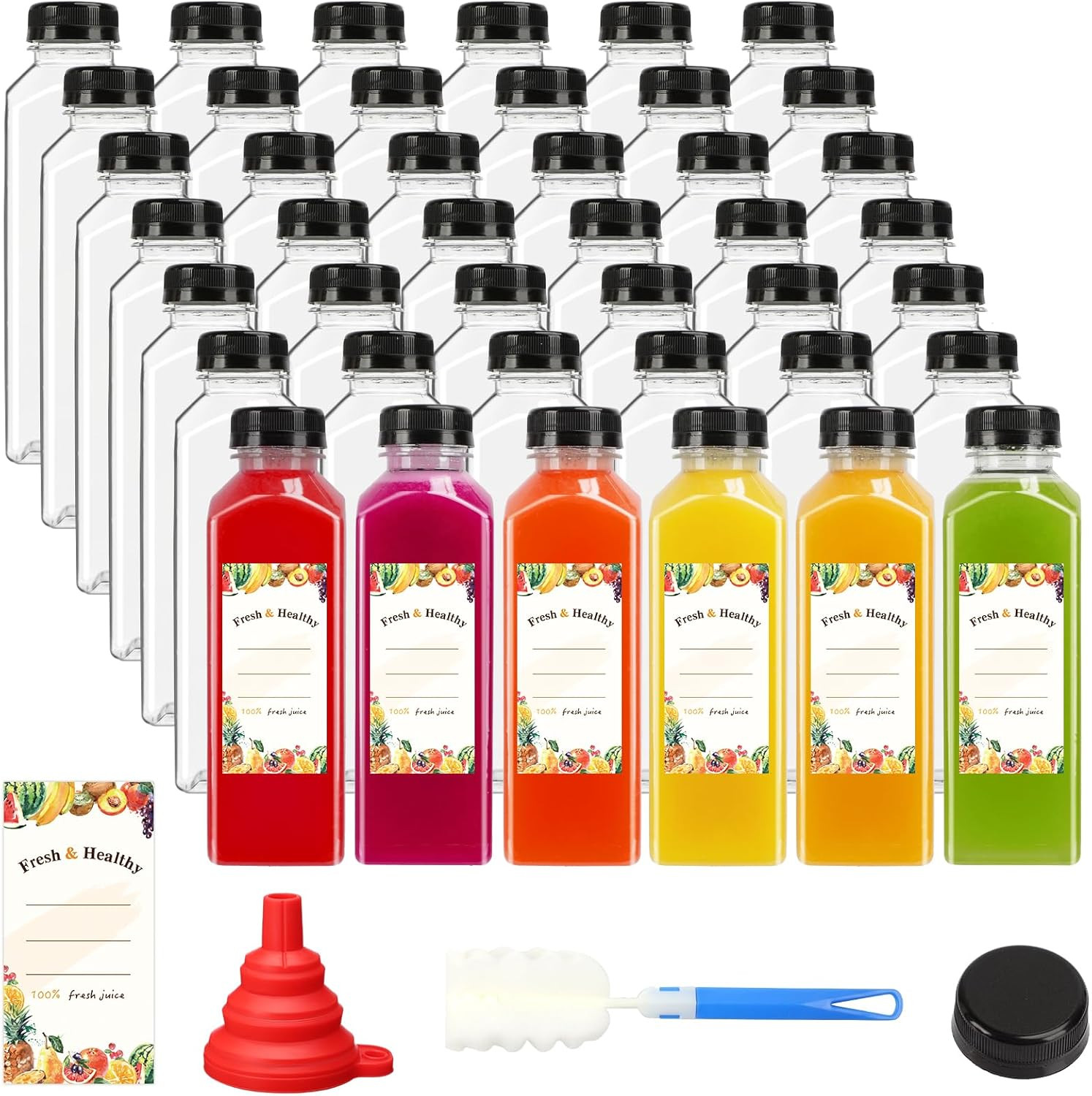 42pcs 16oz Plastic Juice Bottles with Caps – Bulk Clear Beverage Containers