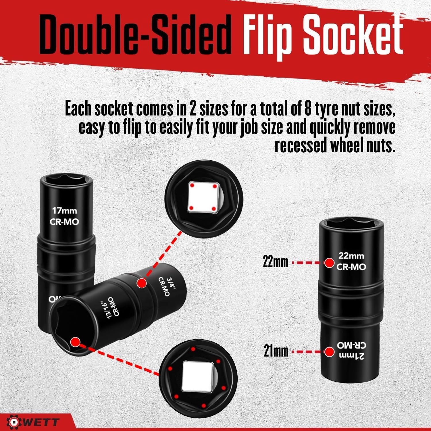 1/2″ Drive Flip Lug Nut Socket Set, 5-Piece Double Sided Thin Wall Wheel Protect