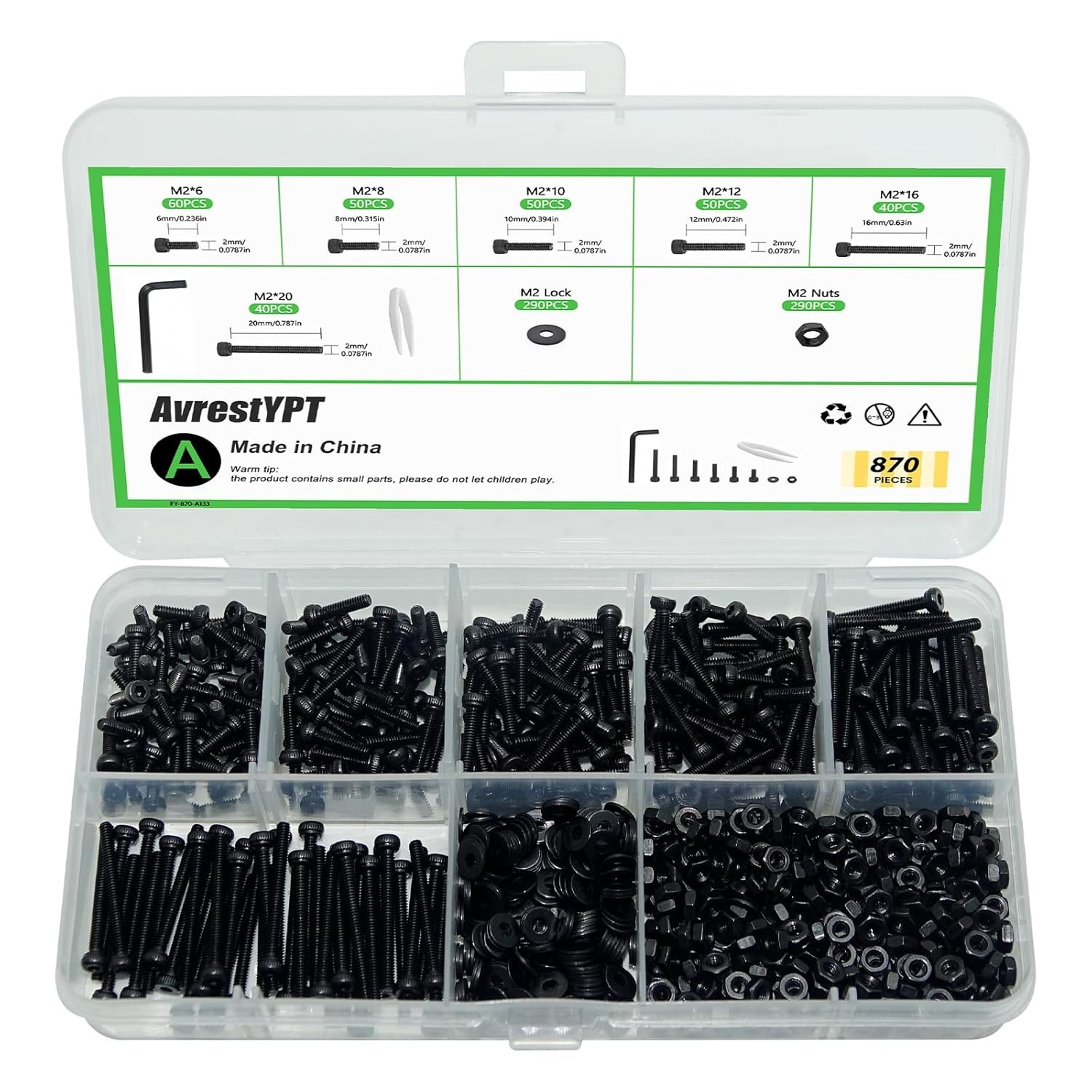 M2 Hex Flat/Socket/Button Head Screw Bolts Nuts Washers Assortment kit(4-25 mm)
