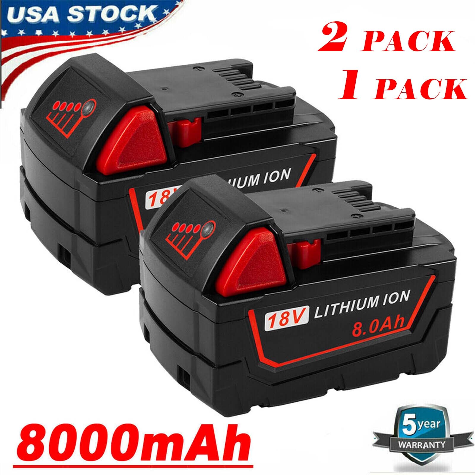 2Pack 8.0AH For Milwaukee for M18 Lithium Extended Capacity Battery 48-11-1860