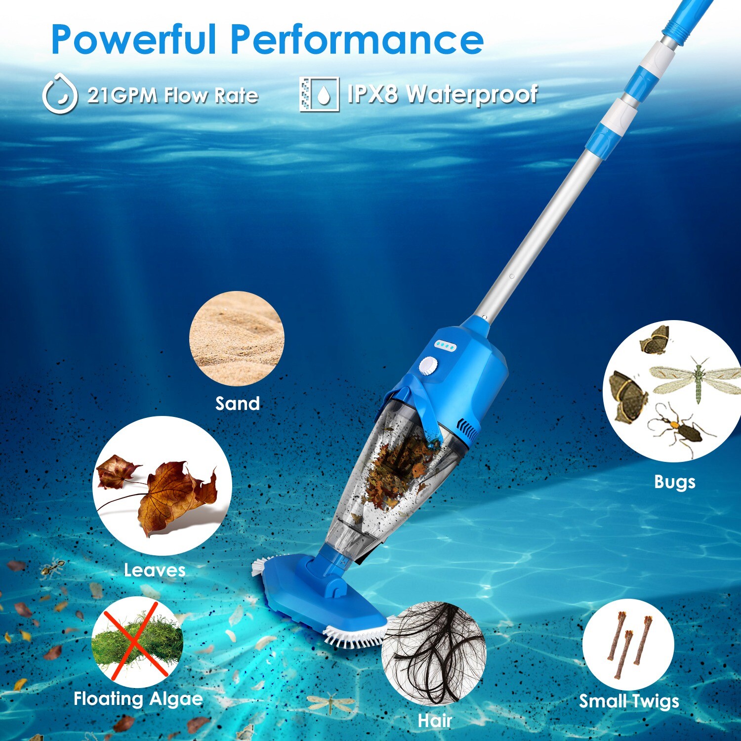Cordless Pool Vacuum with Telescopic Pole Powerful Suction IPX8 Waterproof