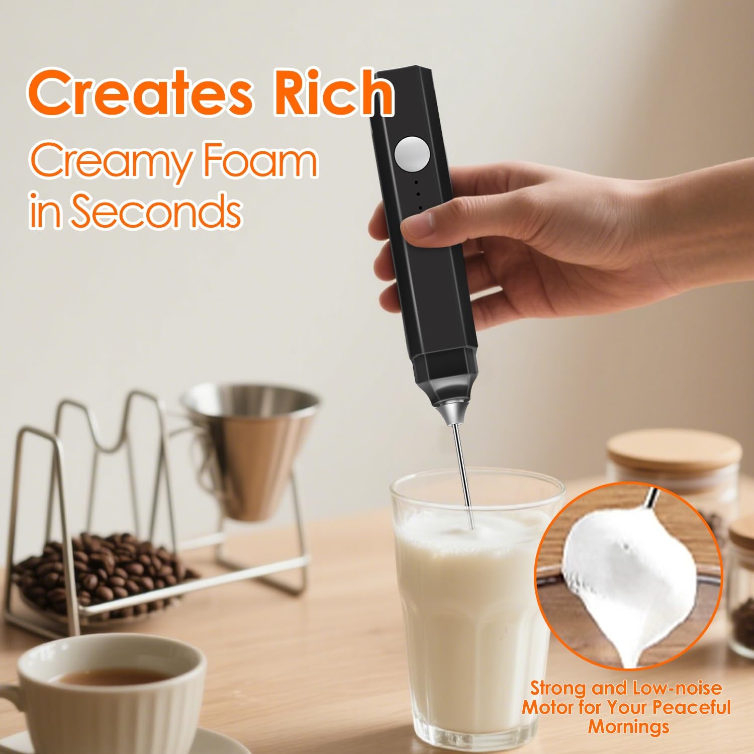 Rechargeable Milk Frother Handheld 3 Speed Adjustable, Electric Whisk Foam Ma…