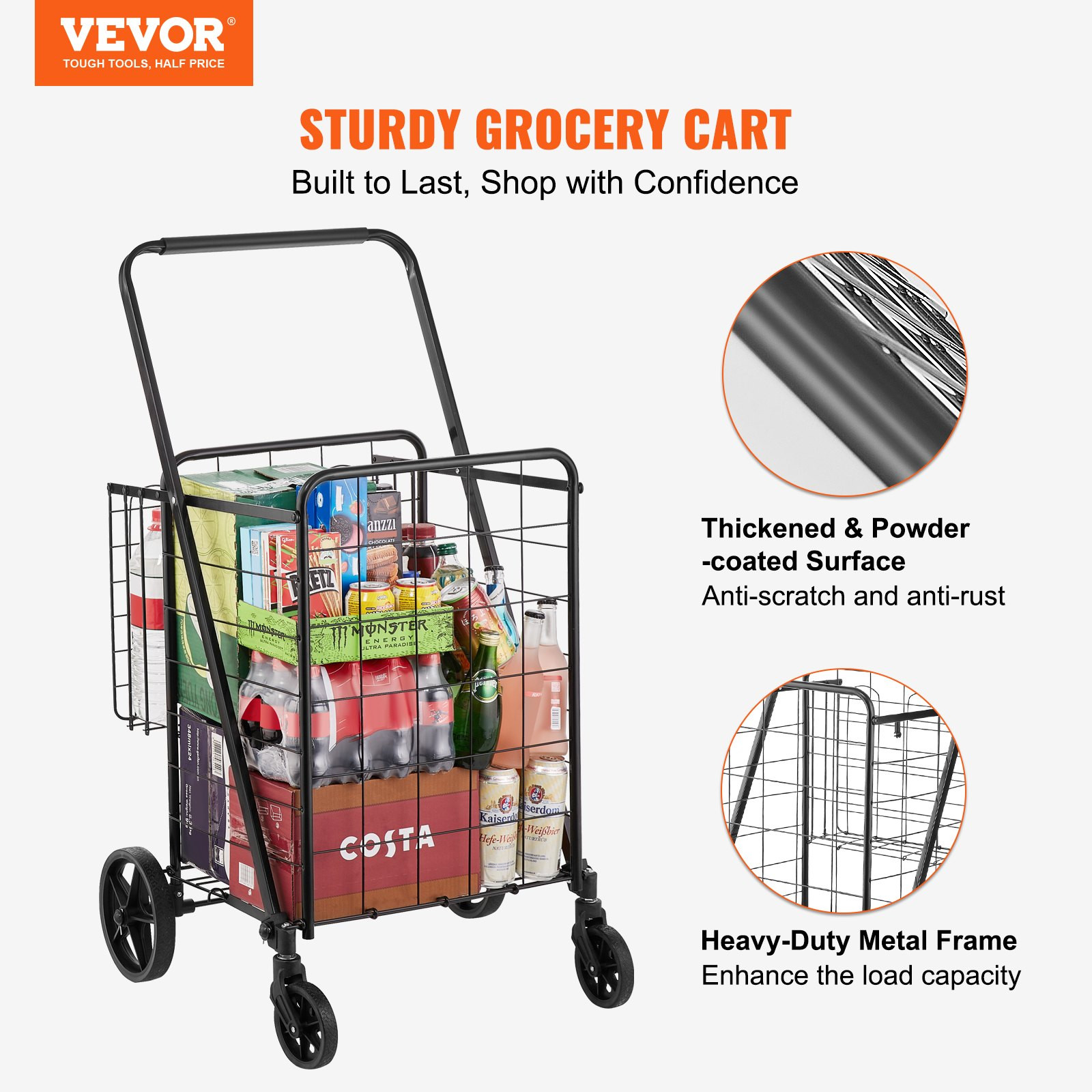 VEVOR Folding Shopping Cart, Jumbo Grocery Cart with Double Baskets, 360° Swivel