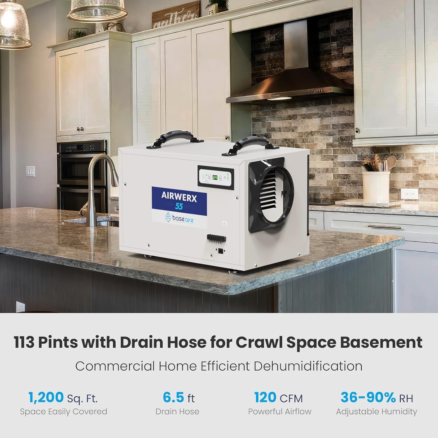 BaseAire 113Pint Crawl Space Dehumidifier with Drain Hose for 1200sq.ft Basement