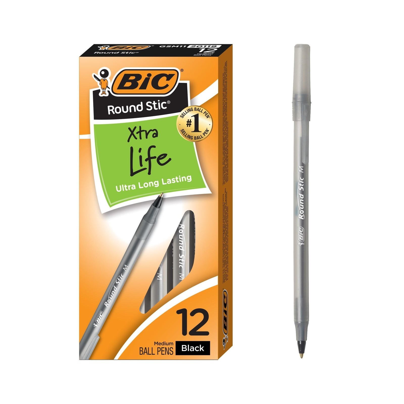 BIC Round Stic Xtra Life Black Ballpoint Pens, Medium Point (1.0mm), 12-Count…