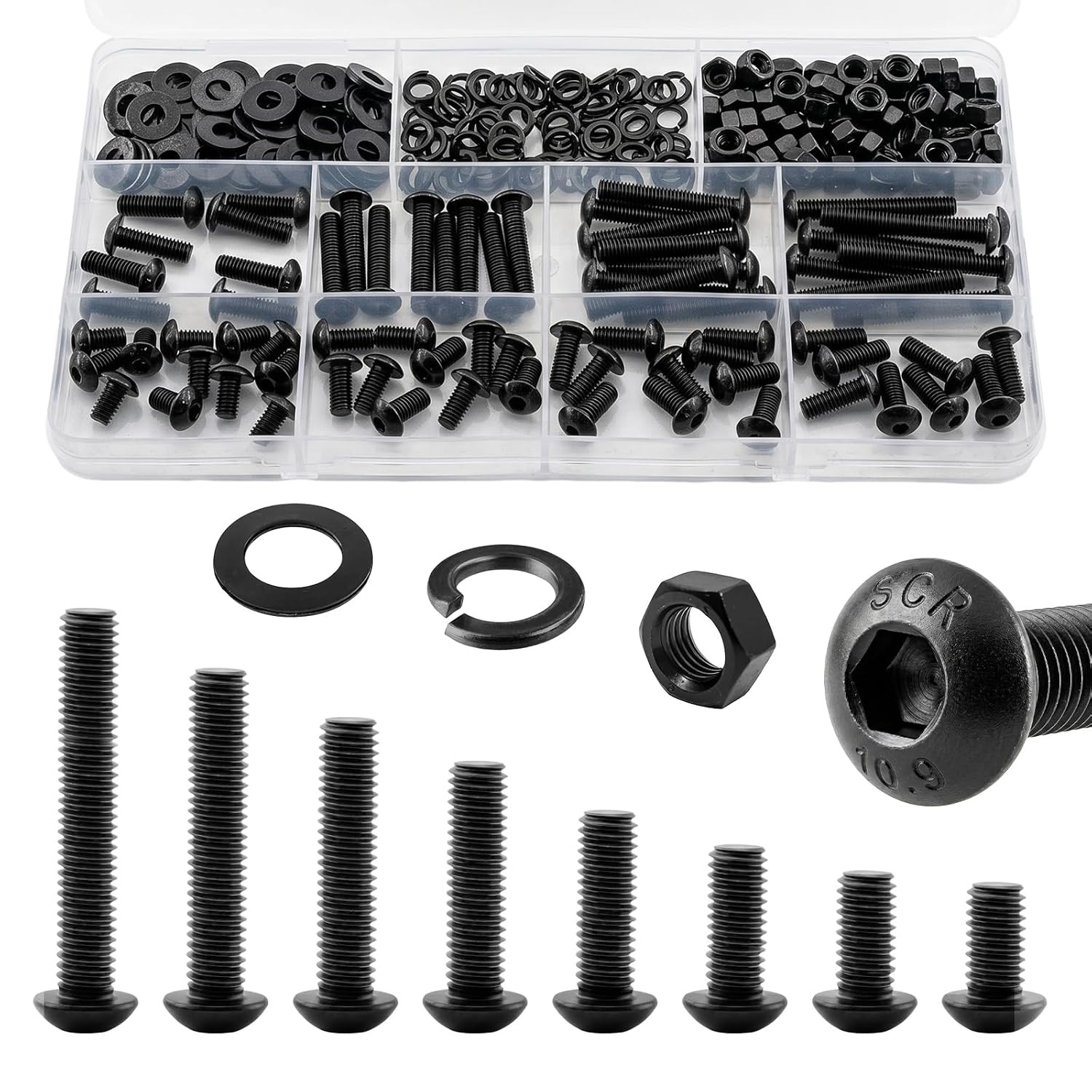 M3 M4 M5 M6 Hex Button/Socket Head Cap Screws Bolts Nuts & Washer Assortment Kit