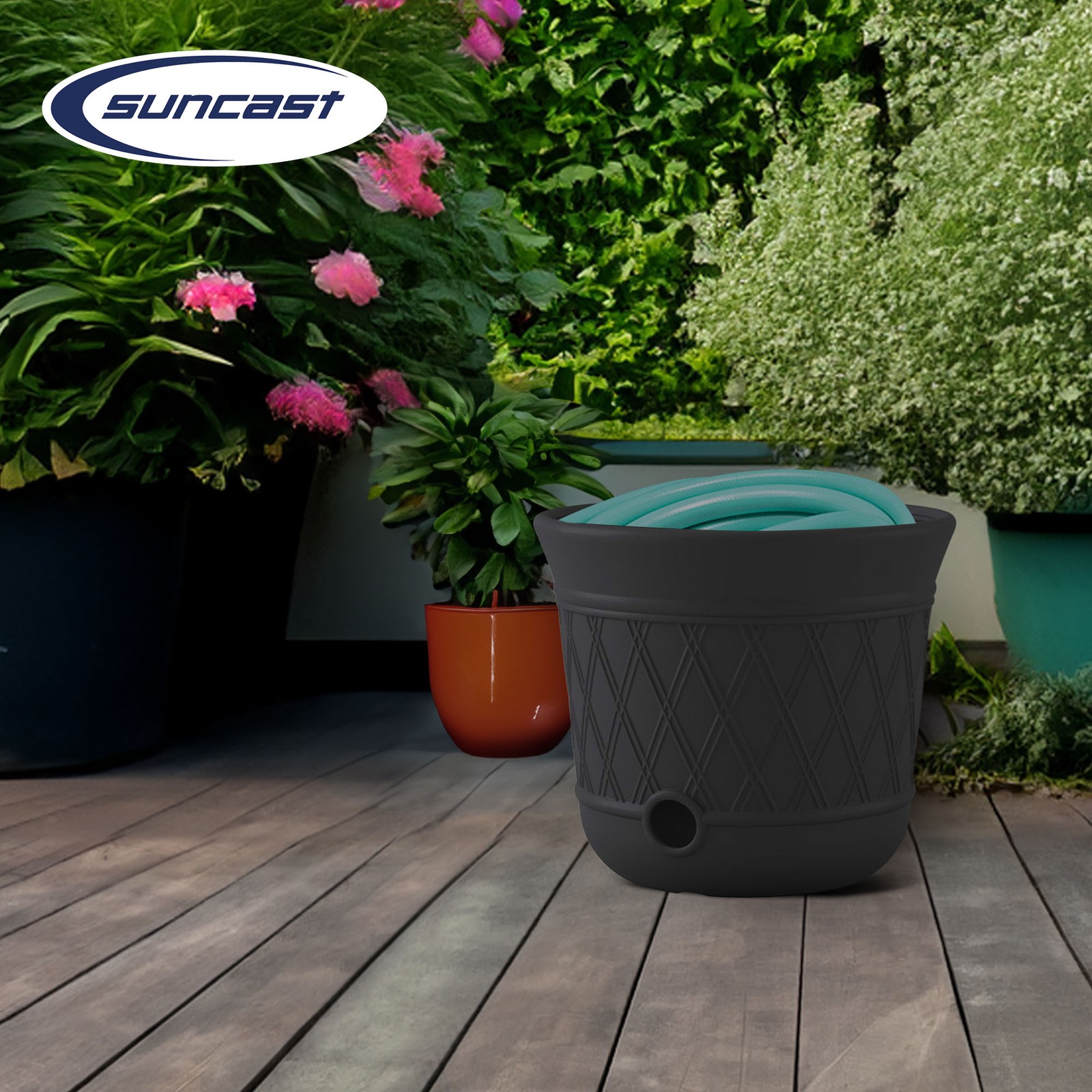 Suncast 14 x 12″ Resin Decorative Hideaway Outdoor Garden Hose Storage Pot, Gray