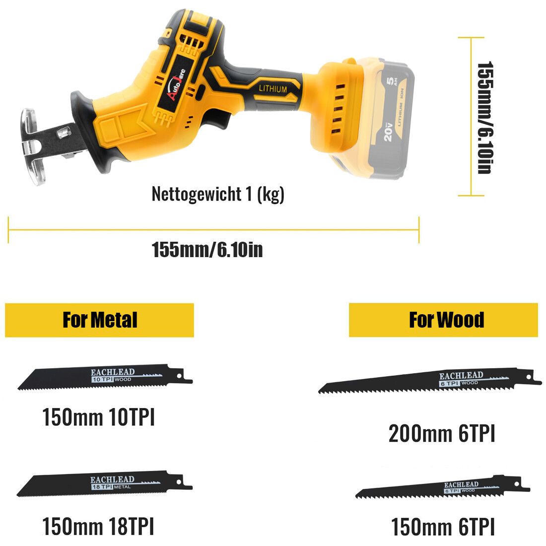 Cordless Reciprocating Saw for Dewalt 20V Battery Brushless Power Recipro Tool