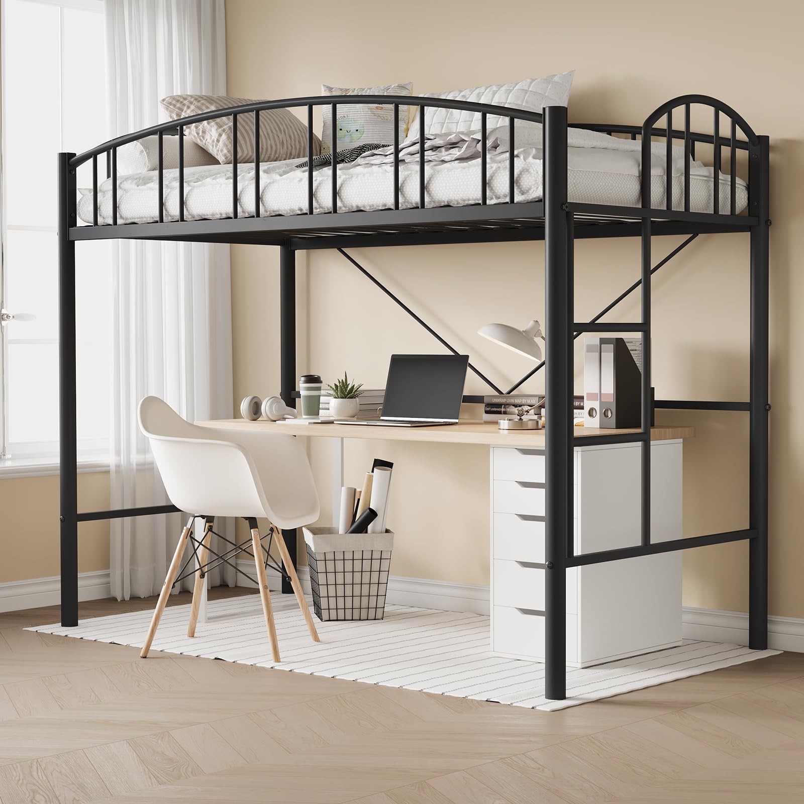 Metal Loft Bed Frame Twin Size, Sturdy with Safety Guardrail for Teens & Adults