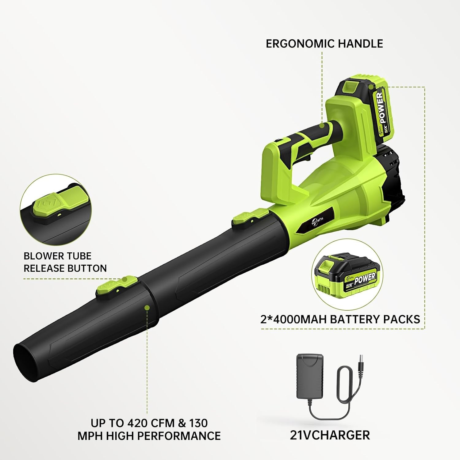 Ultra-Lightweight Cordless Leaf Blower – 21V Rechargeable with Dual Batteries