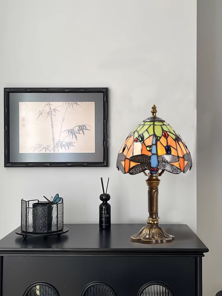 Tiffany Style Dragonfly Stained Glass Art Light Retro Decor Table Lamp 14″Tall