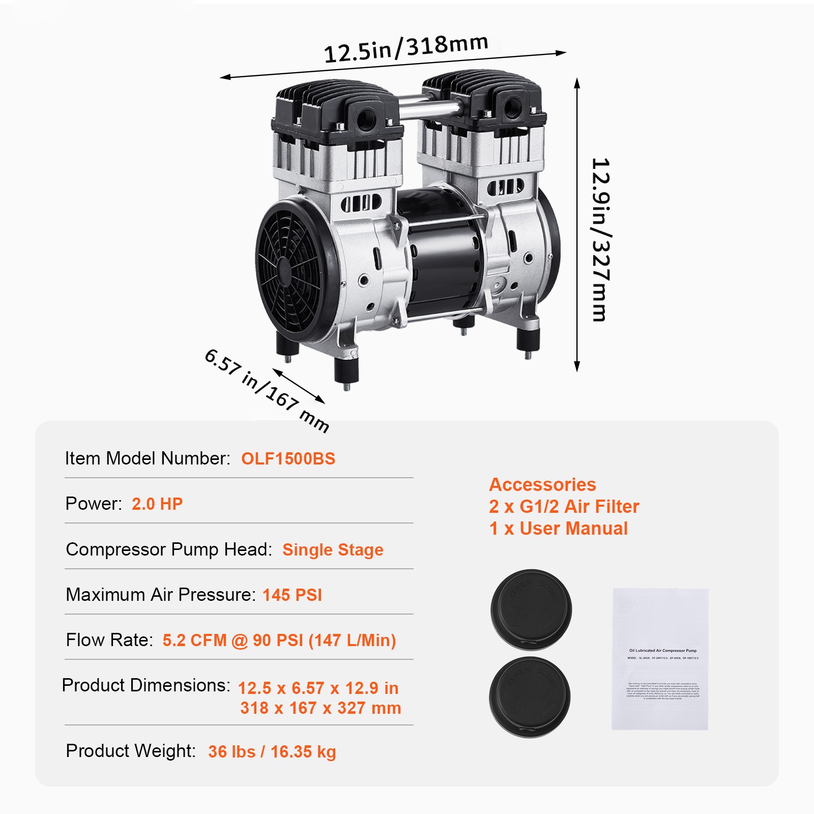 VEVOR Air Compressor Motor 2HP 5.2CFM @ 90PSI Oil Free with Max. 145PSI Pressure