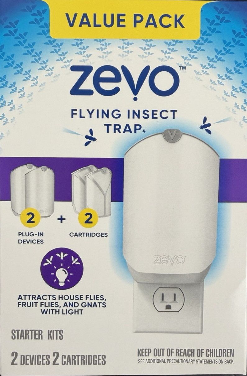 Zevo Plug-In Fly Trap 2 Plug-in Bases + 2 Cartridges Blue UV Light -VALUE 2 PACK