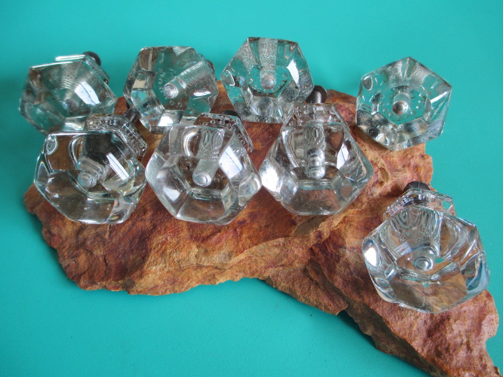 8 VINTAGE ANTIQUE ORIGINAL LARGE OCTAGON CLEAR GLASS CABINET DRAWER KNOB PULLS