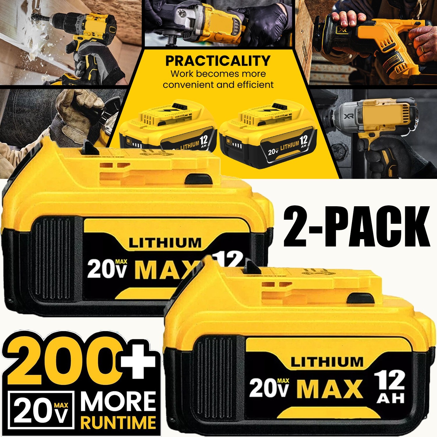Pack 12.0AH For DeWalt 20V 20 Volt Max XR Lithium Ion Battery DCB206-2 DCB205-2
