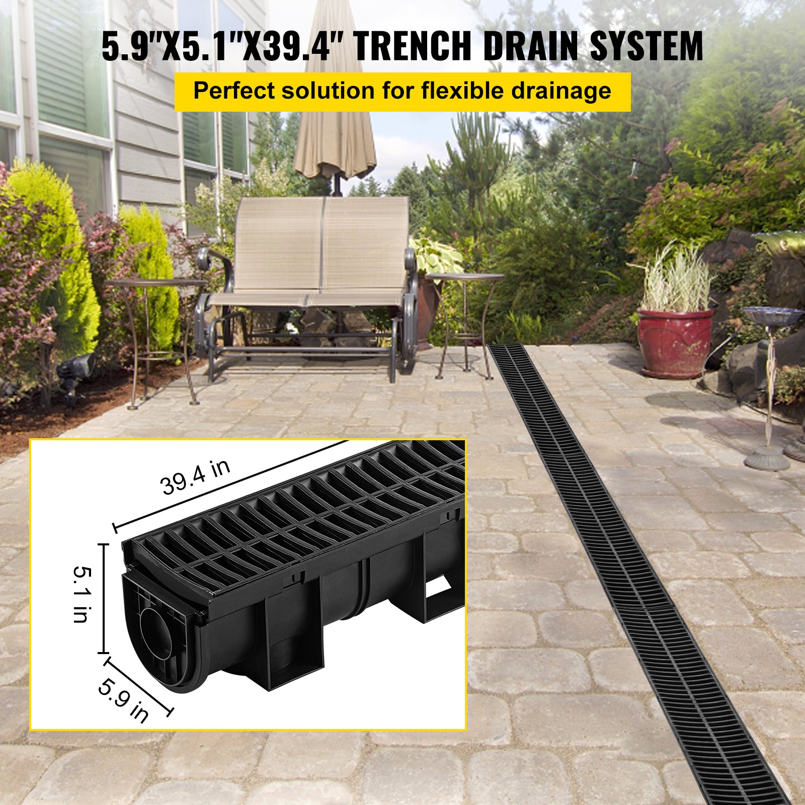 VEVOR Drainage Trench Driveway Channel Drain Kit Plastic Grate-5.8″x5.2″-6 Pack