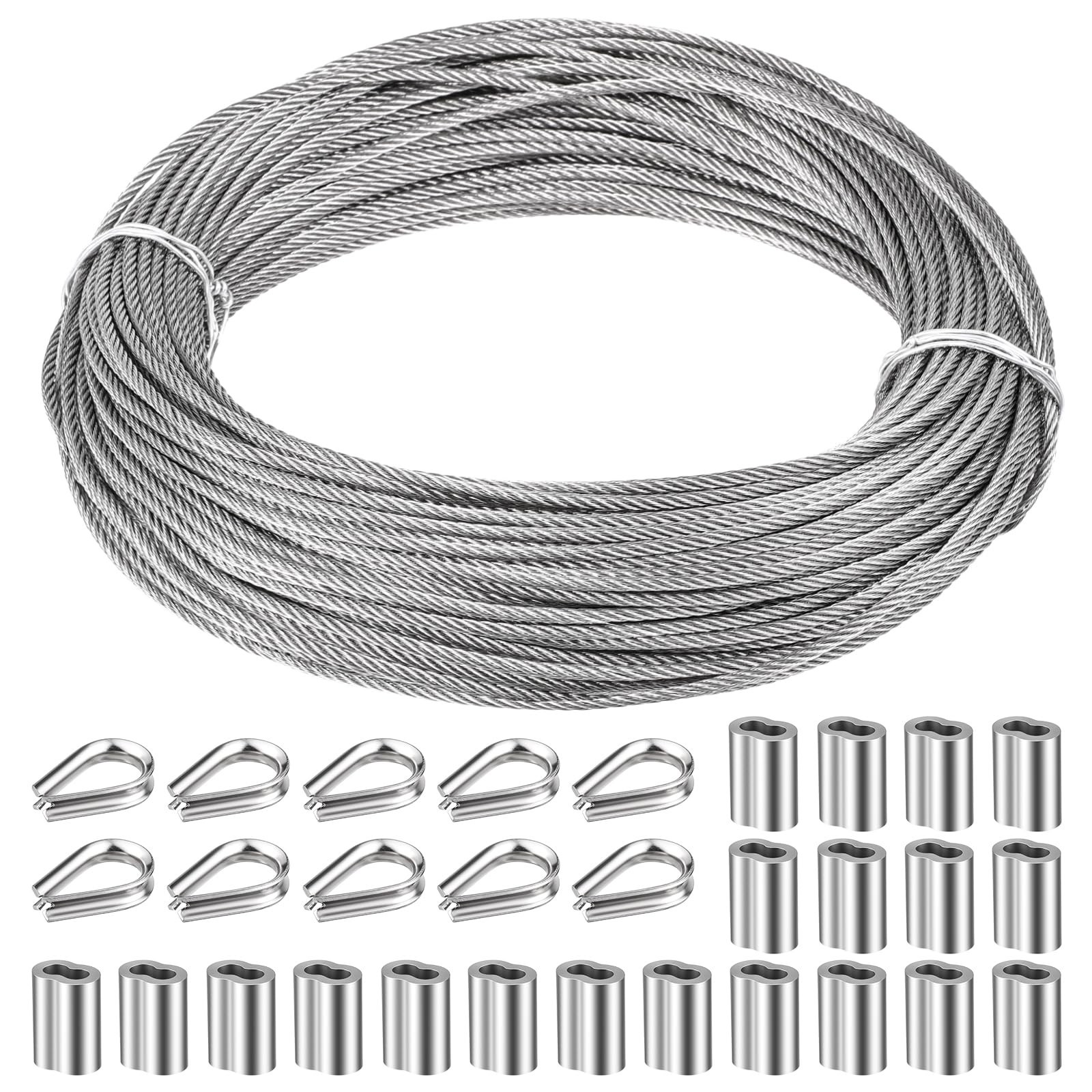 1/8″ Stainless Steel Cable 100ft Wire Rope Metal Cable with Loop Sleeve and S…