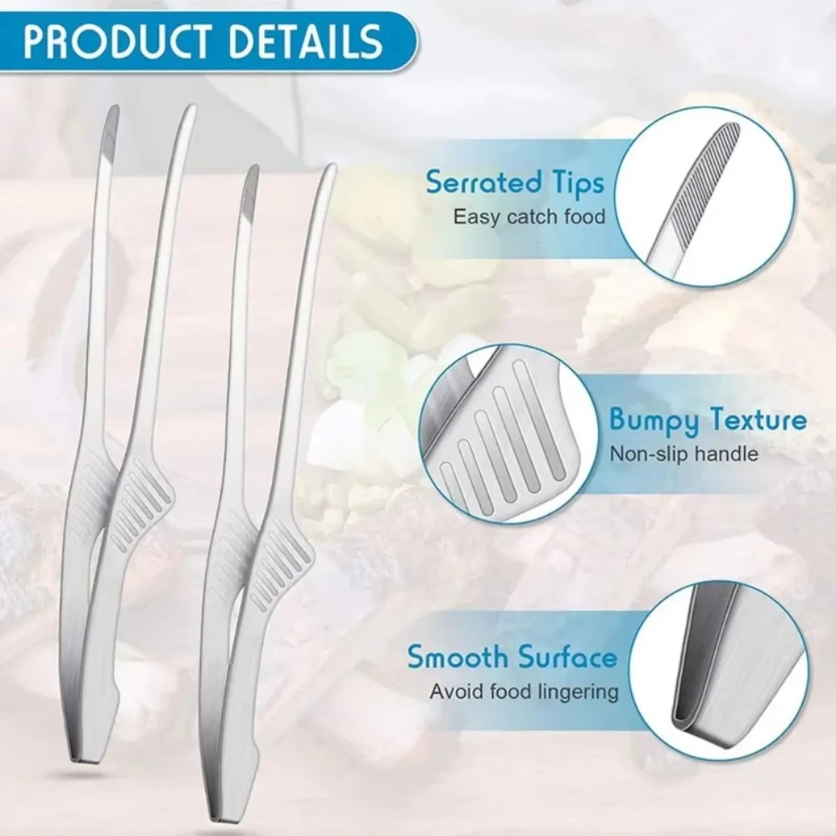 Silver Stainless Steel BBQ Tongs Non Slip Easy Clean Reusable Cooking Utensils f