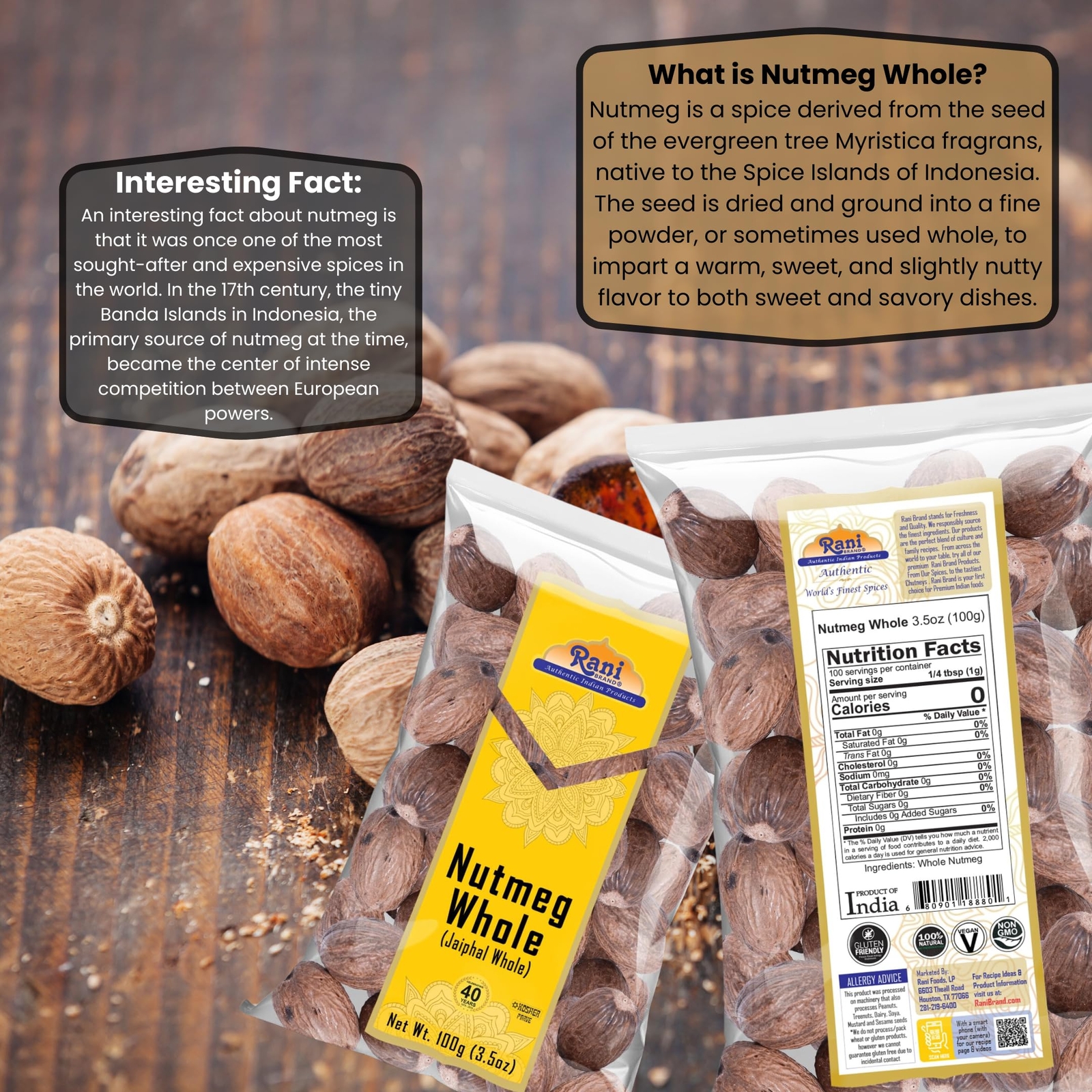 Rani Nutmeg (Jaiphul) Whole Spice, 21-23 Pieces, 3.5oz (100g)