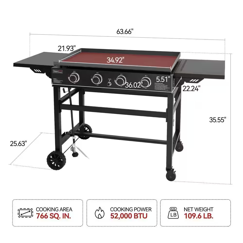 35 In. 4-Burner Flat Top Gas Griddle, 52,000 BTU Cooking Power, Perfect for Outd