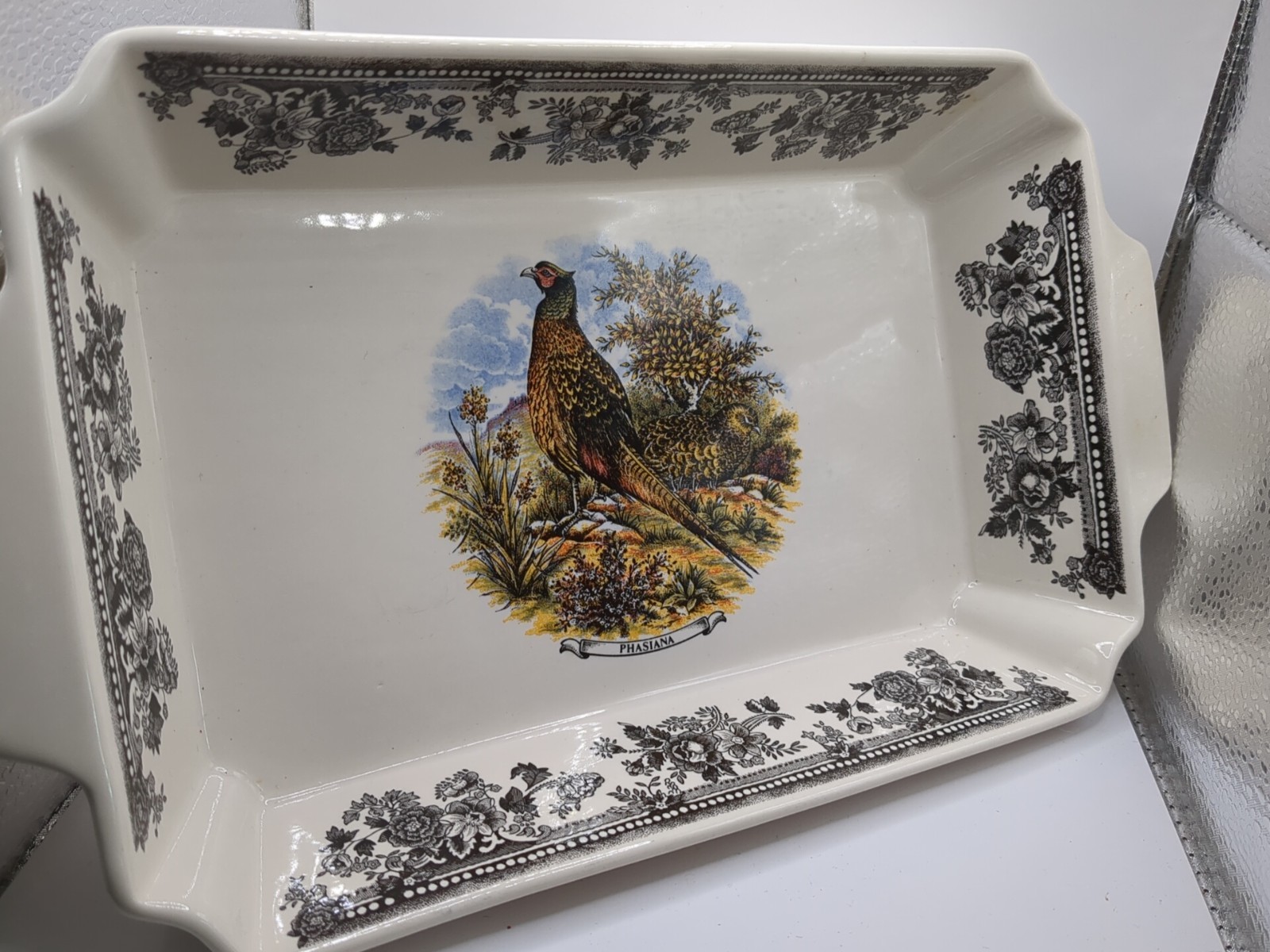 Churchill Vintage Game Pheasant Rectangular Porcelain Baking Dish Black Floral