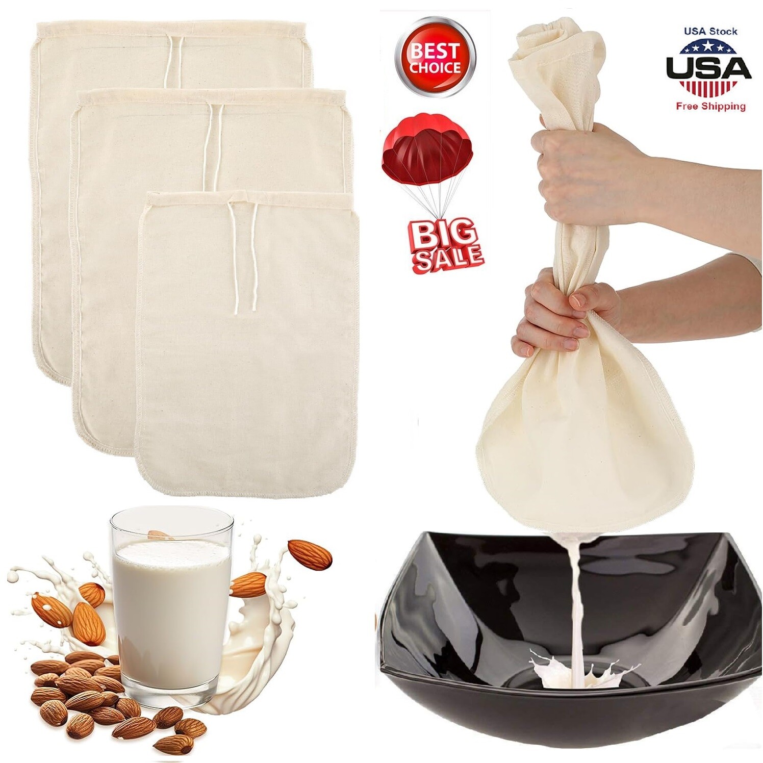 20× Organic Cotton Nut Milk Bag Reusable Food Strainer Brew Coffee Cheese Cloth