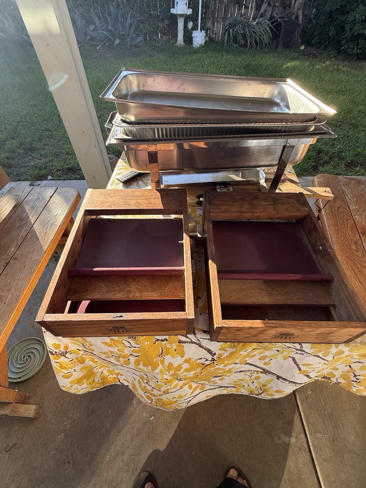 Full Size Rectangular Chafing Dish 6 Qt Wood Base Matte Silver/Brown Handles