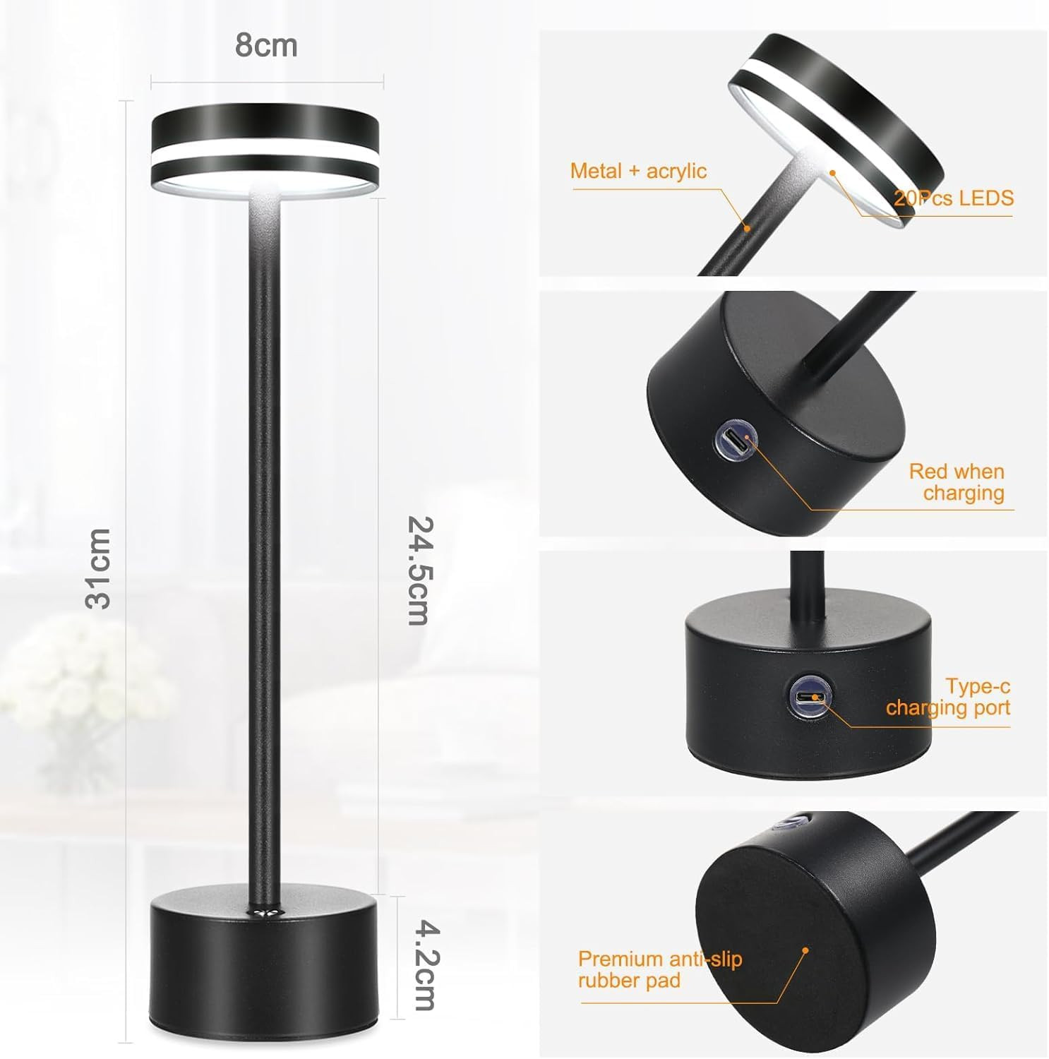 Cordless Table Lamp Portable Battery Powered LED Desk Lamps USB Rechargeable US