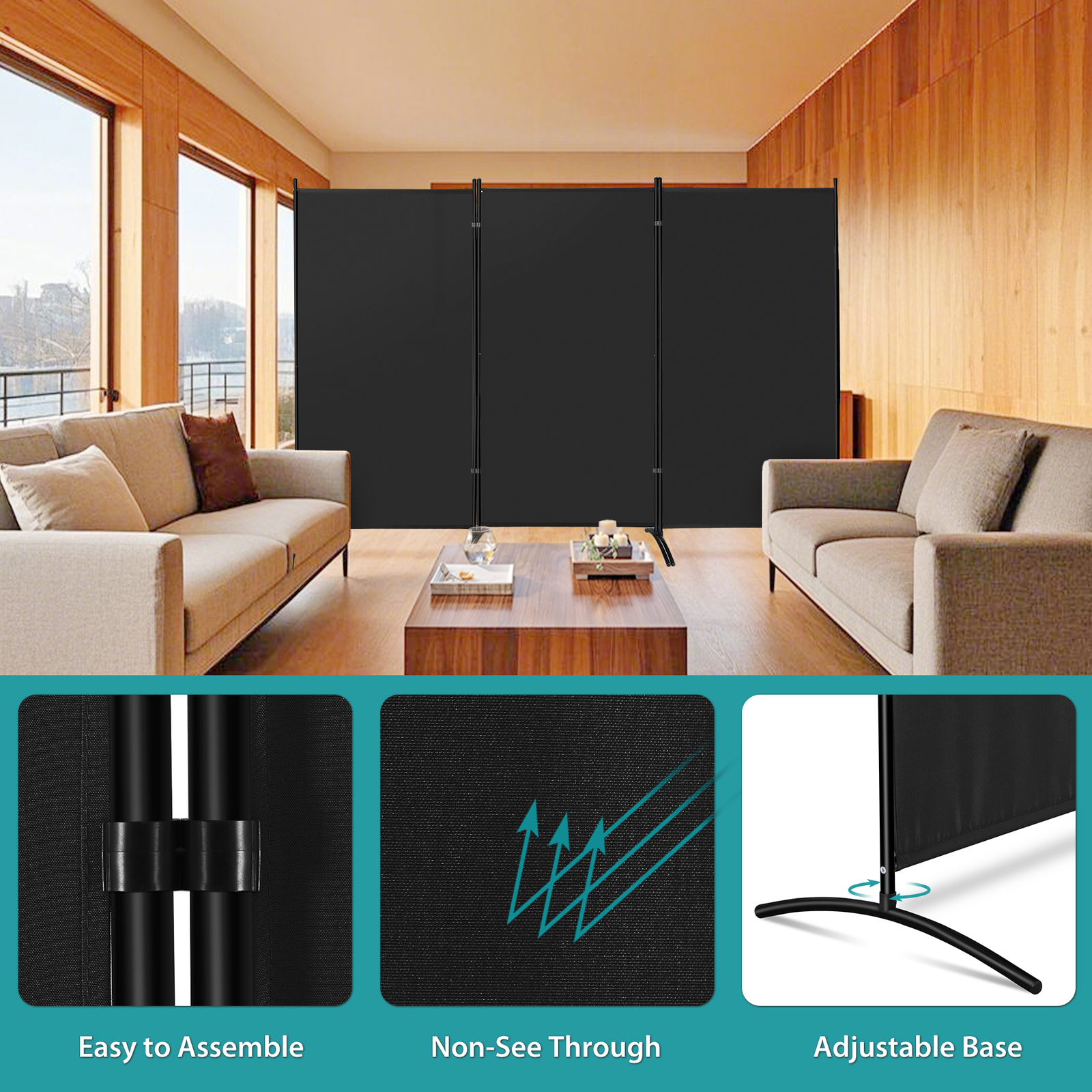 3 Panel Room Divider 6 FT Tall Folding Privacy Screens Partition Separator Black