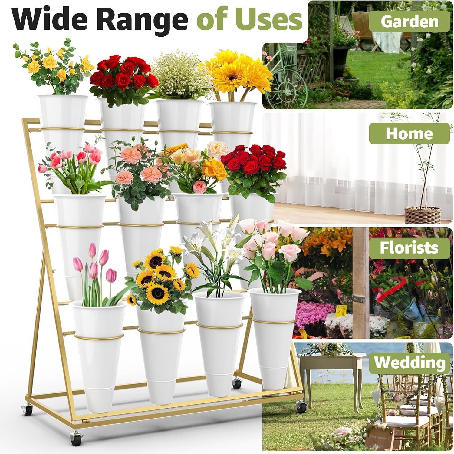3 Layers Flower Display Stand w/ 12 PCS Round Buckets Florist Flower Cart Rack