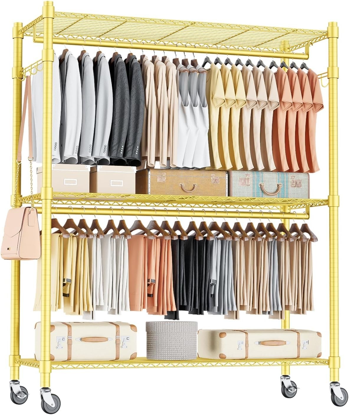Gold Heavy Duty Clothes Rack with Wheels, 3-Tier Rolling Metal Garment Organi…