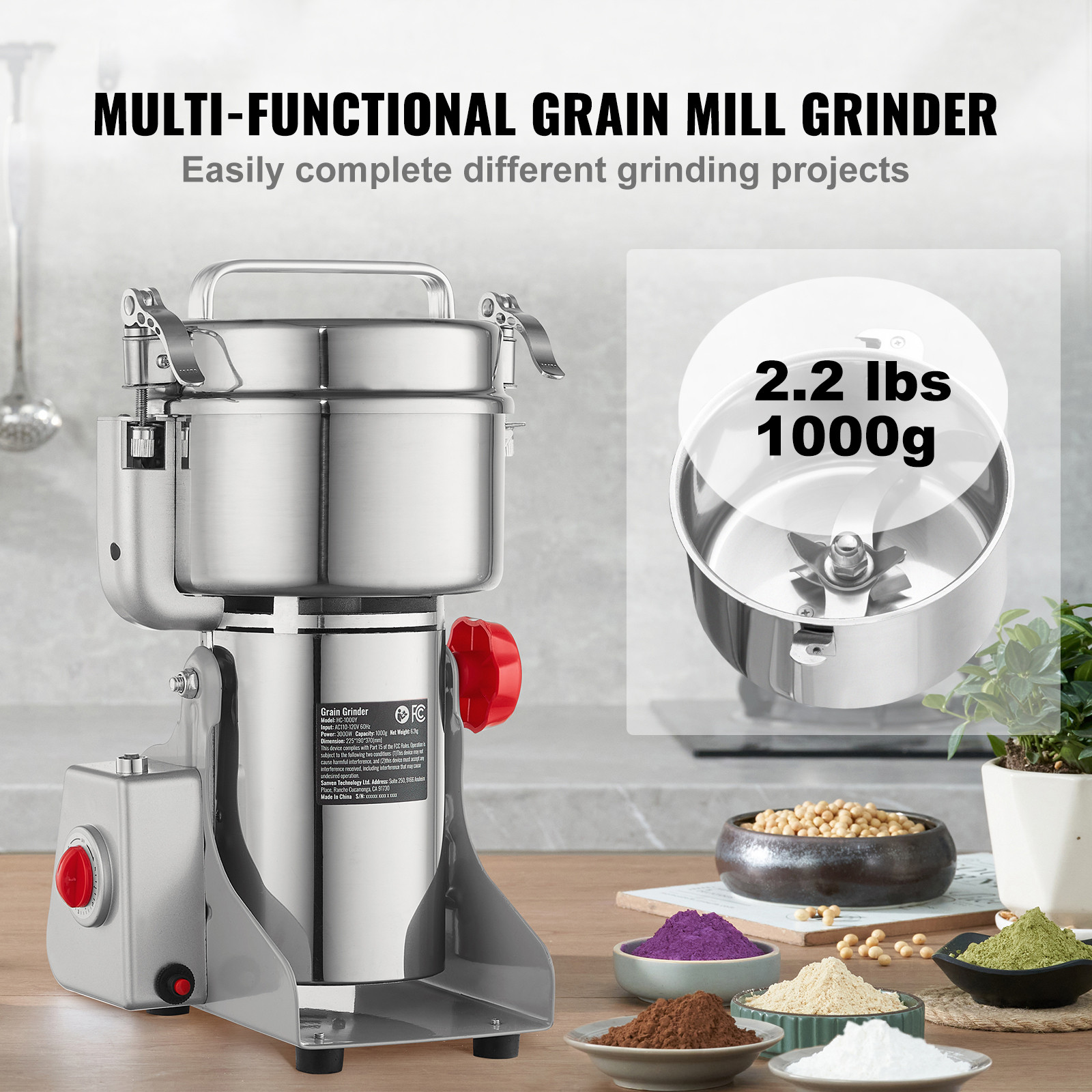 VEVOR 1000g Commercial Spice Grinder Electric Grain Mill Grinder High Speed
