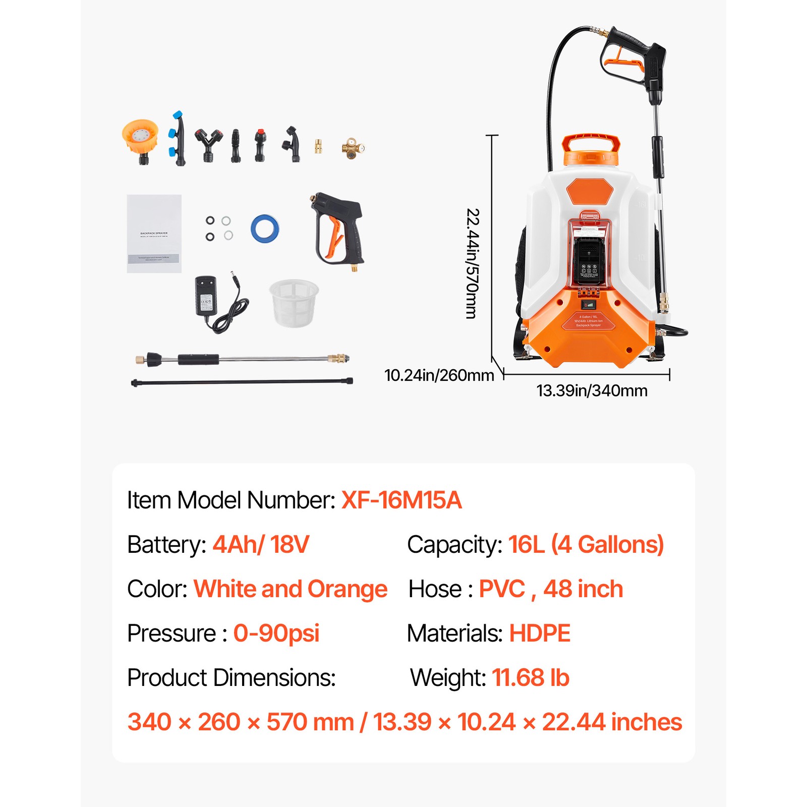 4 Gallon Battery Powered Backpack Sprayer 0-90 PSI 4H Runtime for Yard Lawn