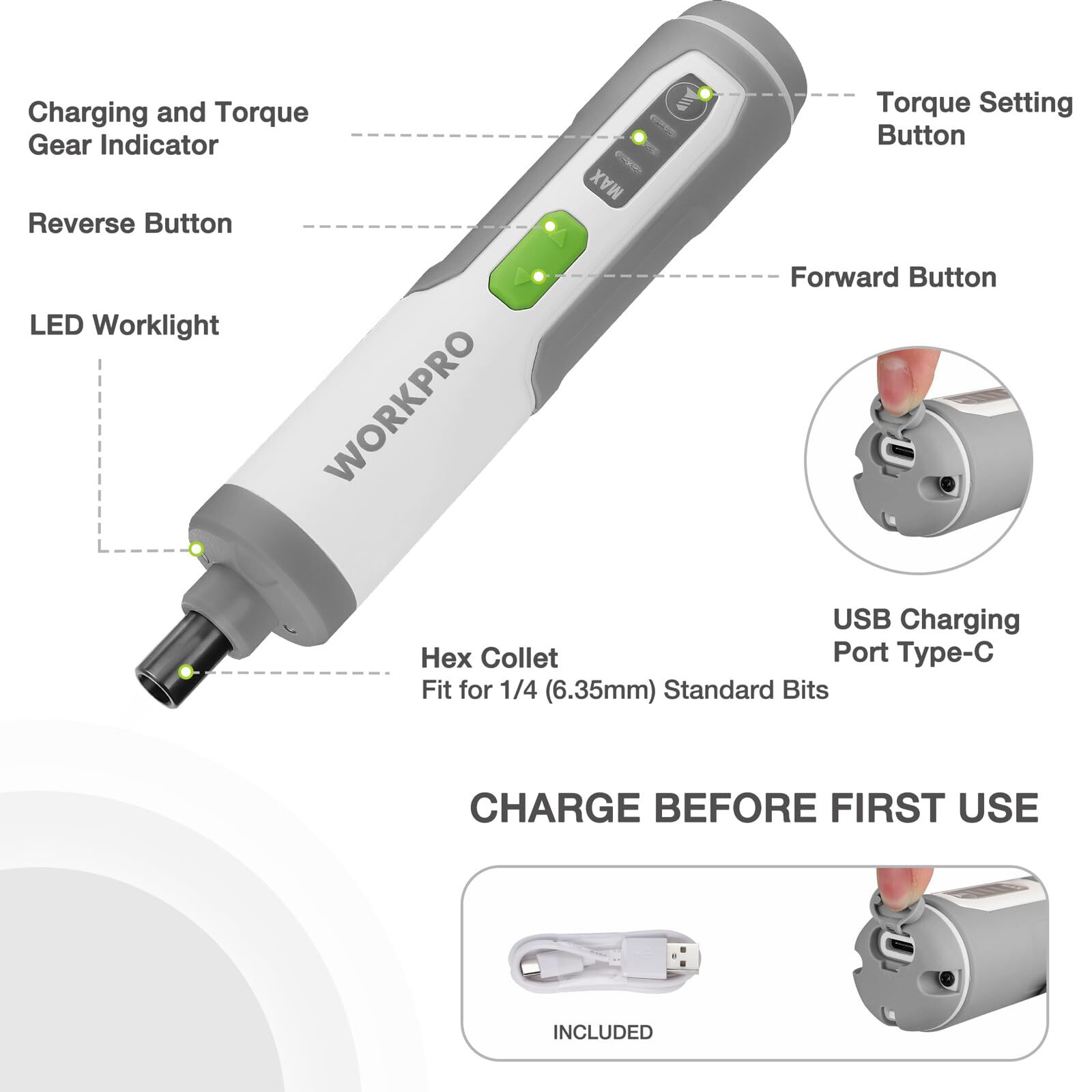 WORKPRO 4V Electric Screwdriver Rechargeable Cordless Screwdriver Sets w/35 Bits