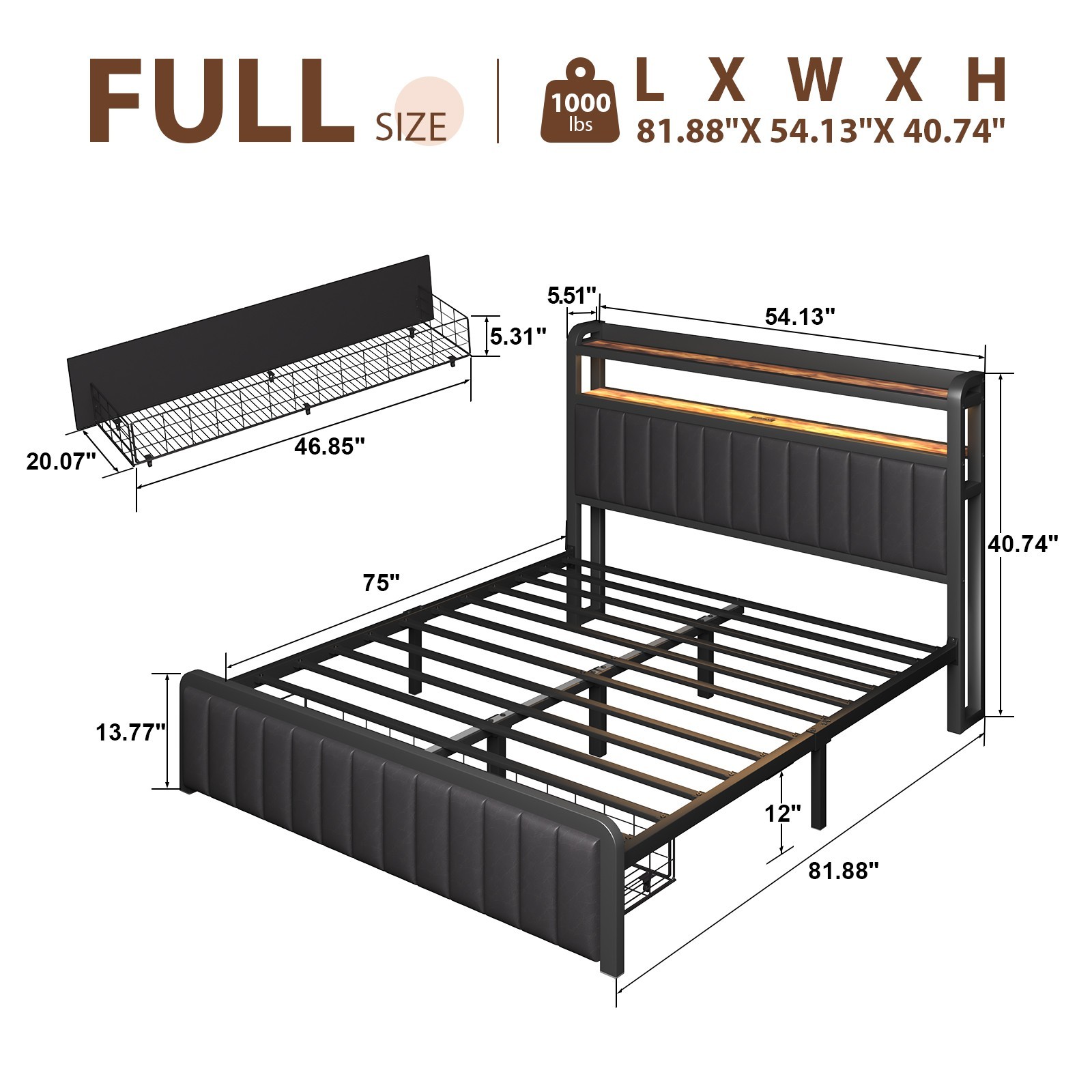 Full Queen LED Bed Frame with Charging Station&Upholstered Storage Headboard