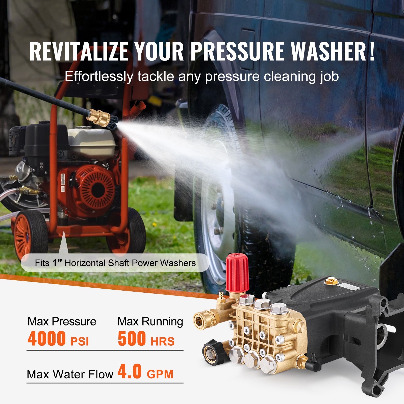 Pressure Washer Pump 1 in Shaft Horizontal Triplex Plunger 4000 PSI 4.0GPM