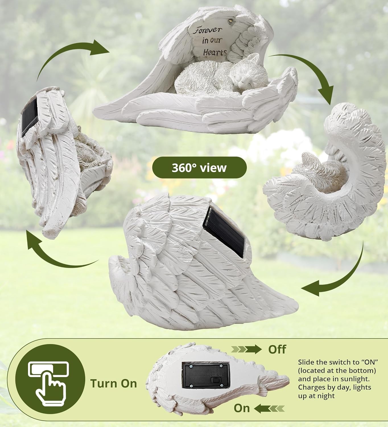 Pet Cat Solar Garden Memorial Statue – Outdoor Resin Angel Kitty with Solar Li