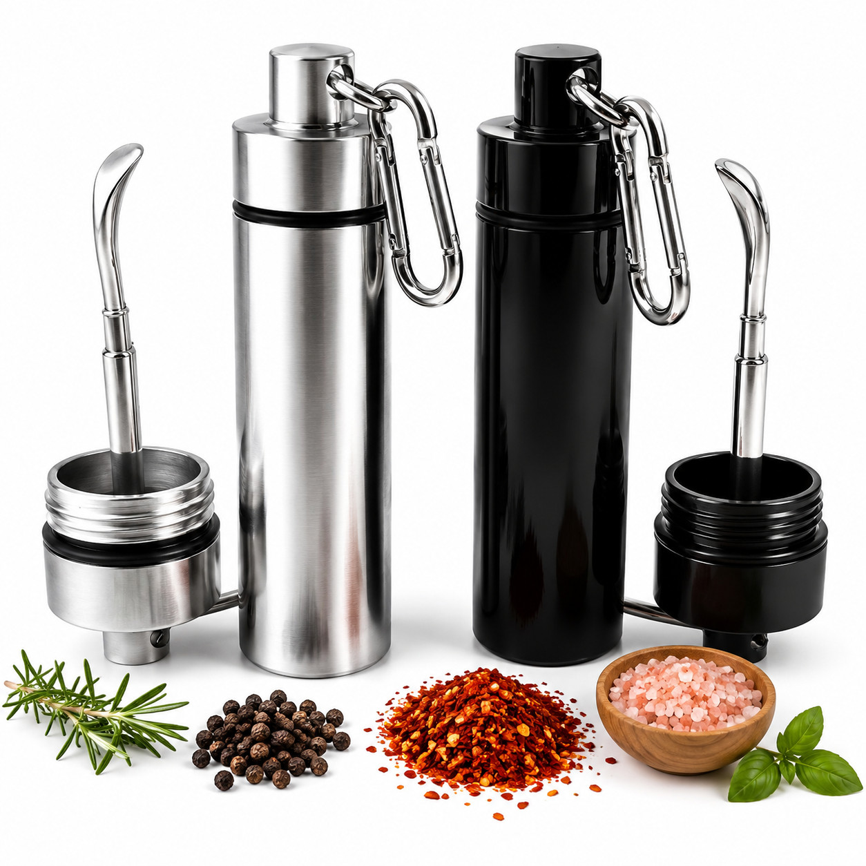 Travel Spice Container with Spoon – Mini Metal Vial Keychain Box 2Pack