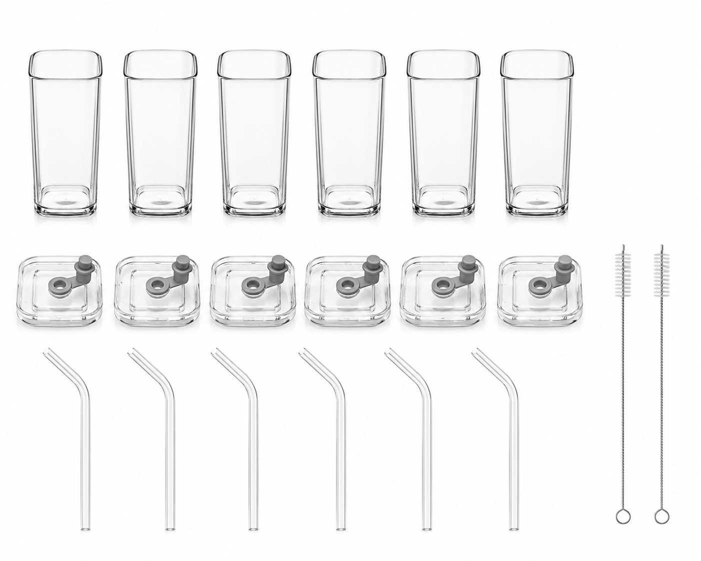 6 Pack 13oz Square Drinking Glasses with Lids and Bent Glass Straws, Reusable Gl