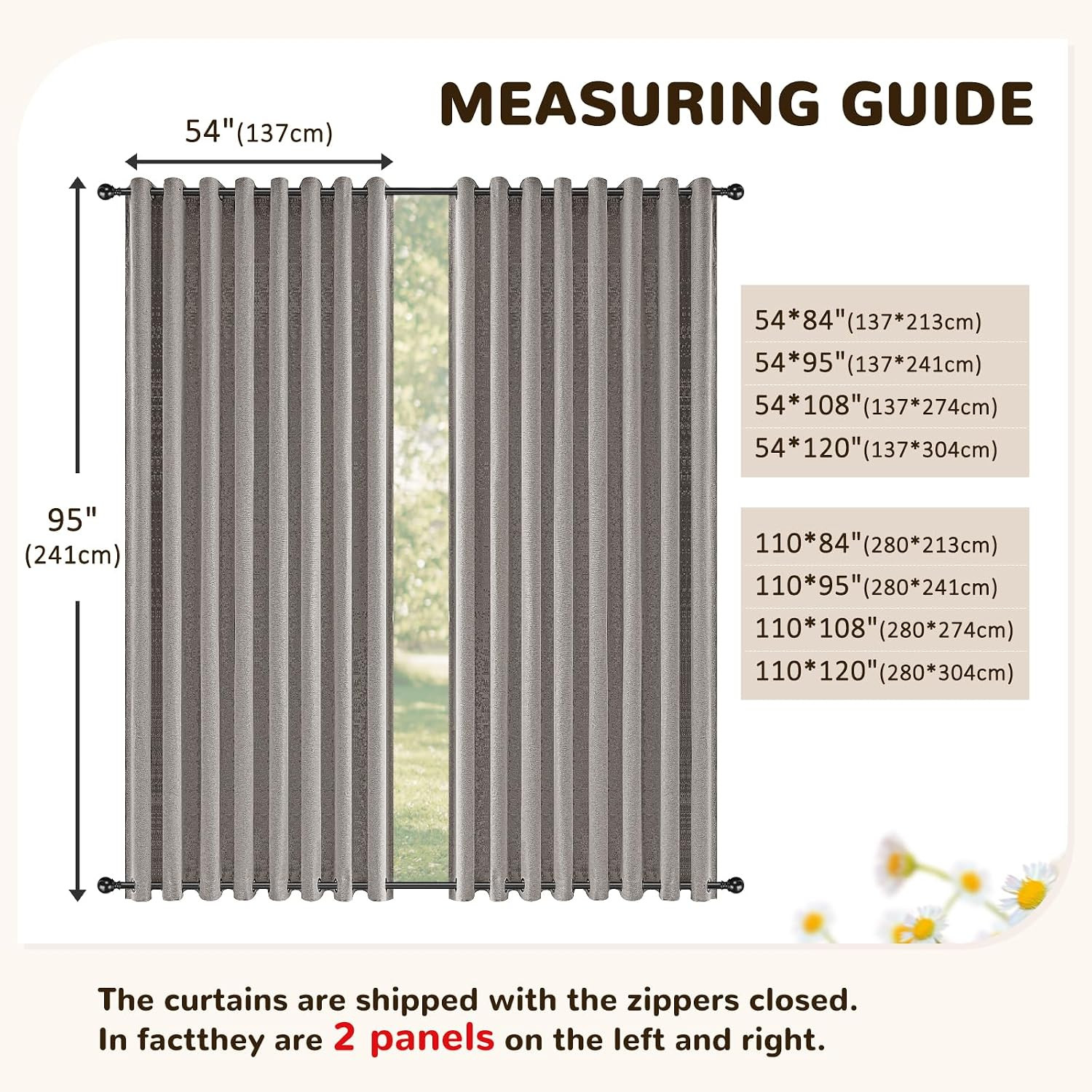 Linen Outdoor Curtains for Patio Waterproof with Zipper Blackout Curtains 2 Pane