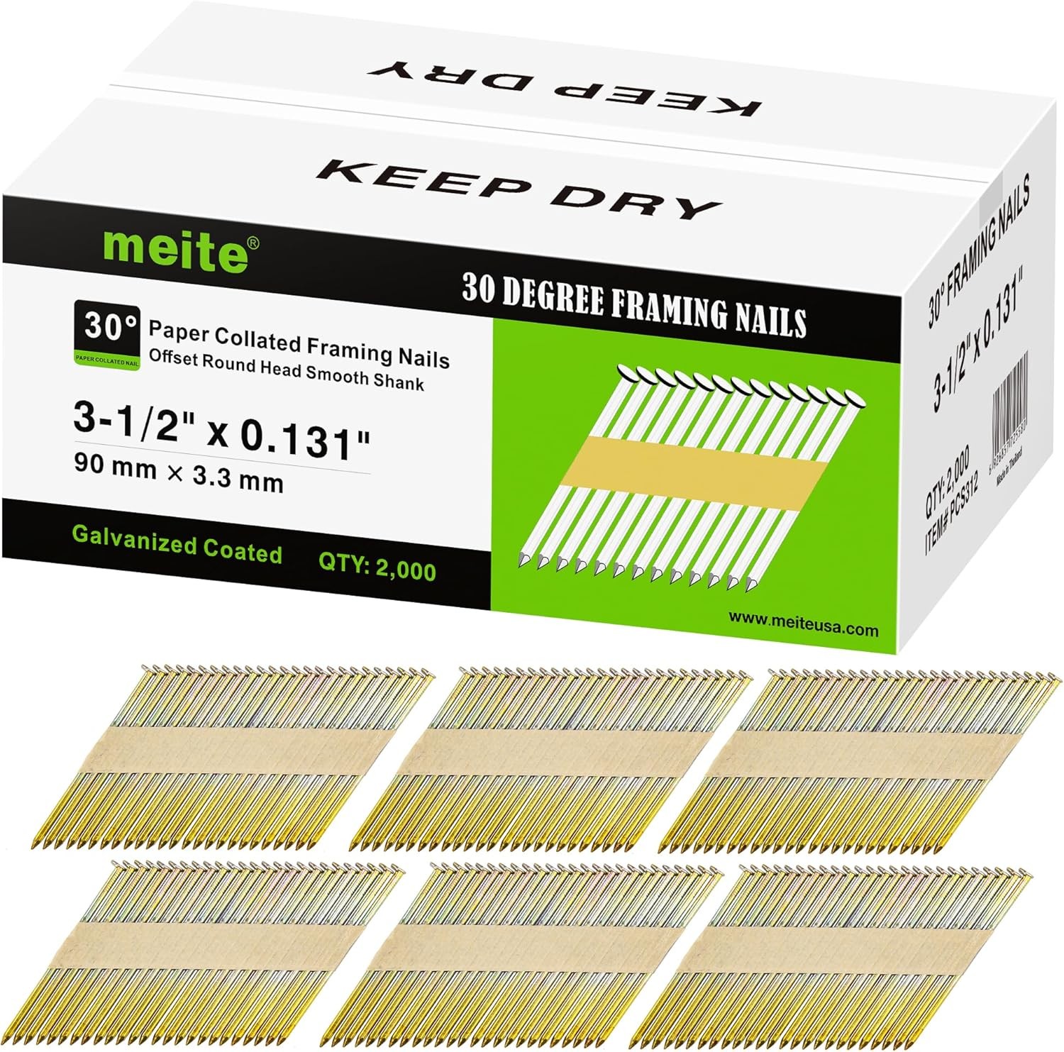 meite Framing Nails 30-Degree Offset Round Head Smooth Shank Galv. Framing Nails