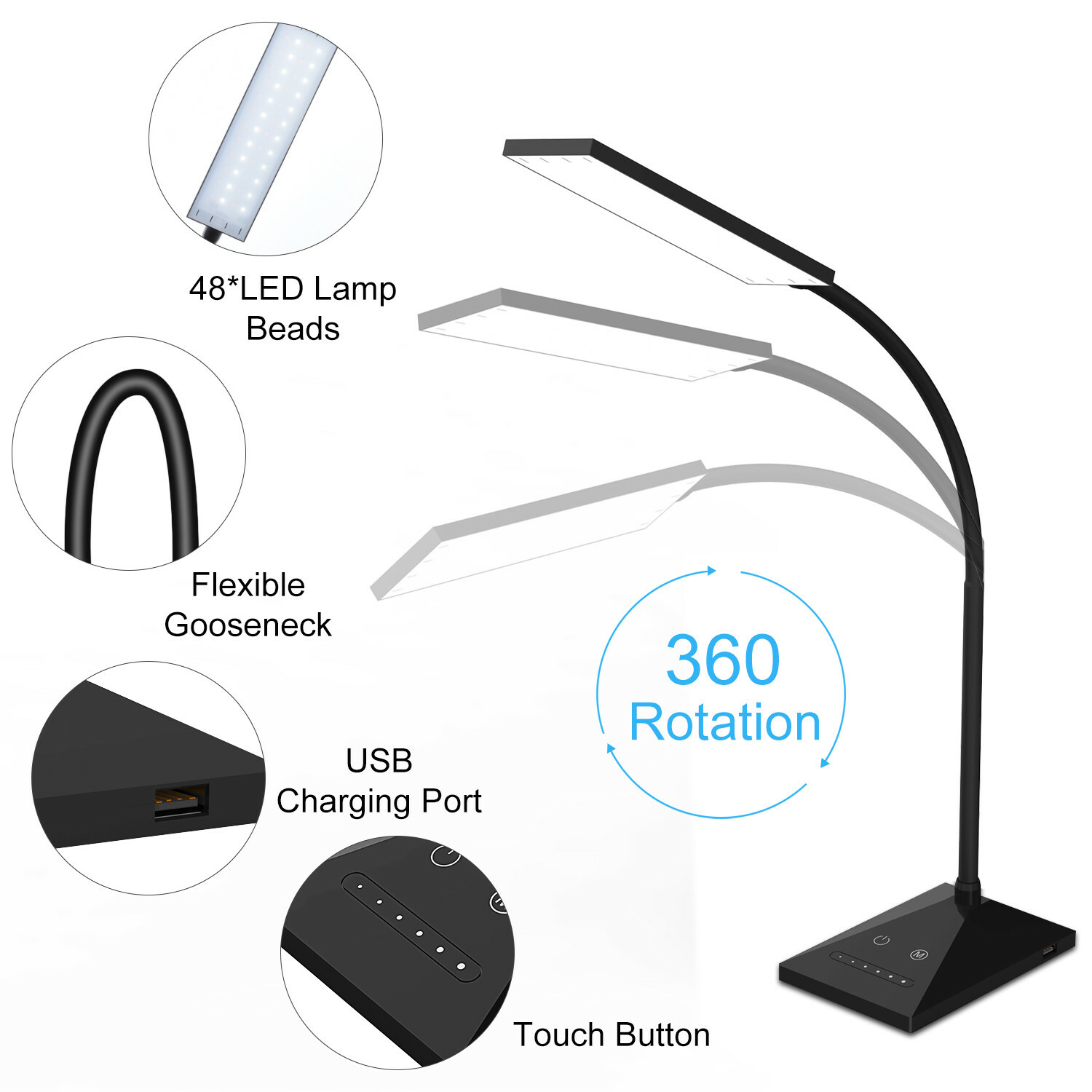 Dimmable LED Desk Table Lamp with USB Charging Touch Control USB Table Base Lamp