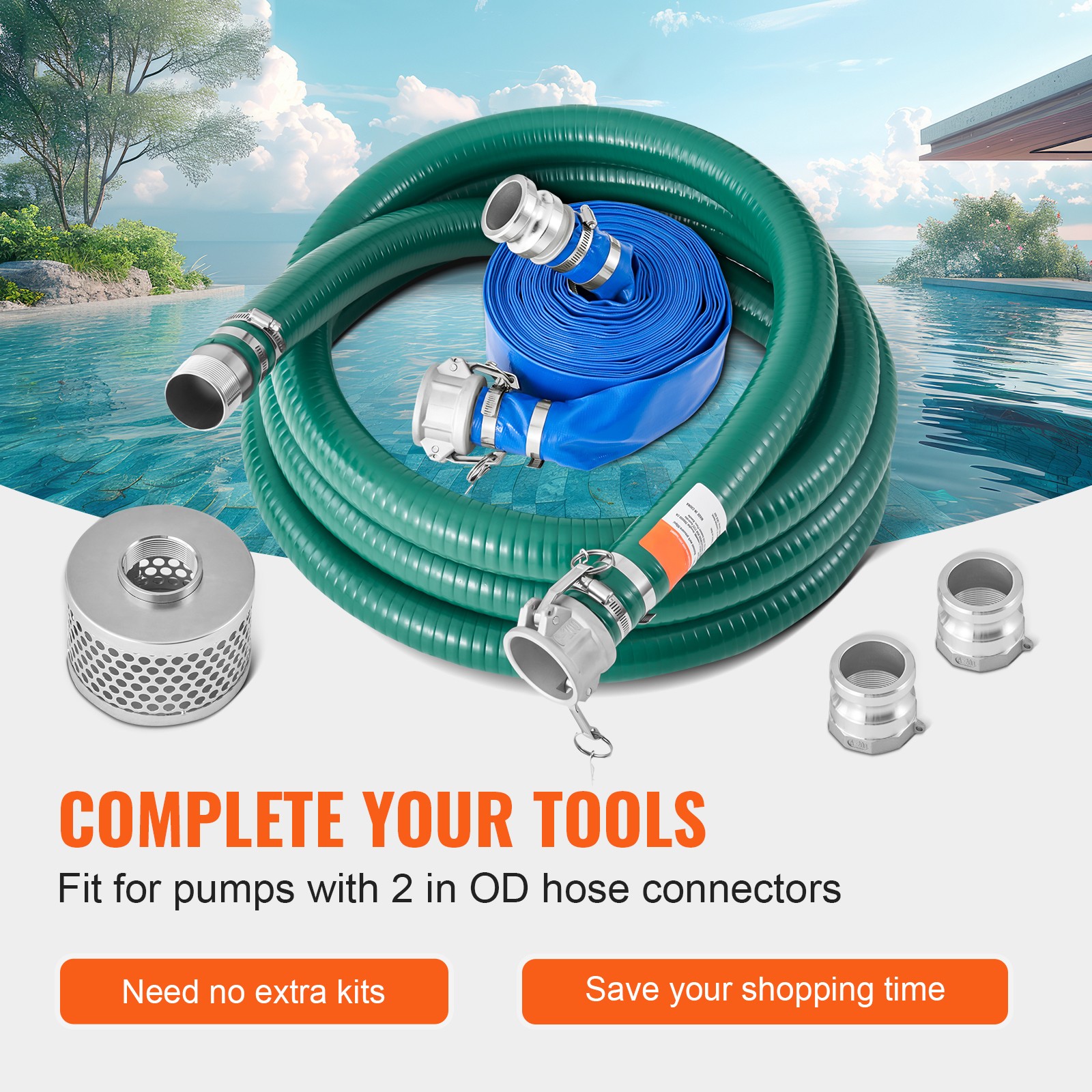 Uimoso Suction Hose Kit for Water Pump 2 in x 20 ft Green/50 ft Blue Hoses