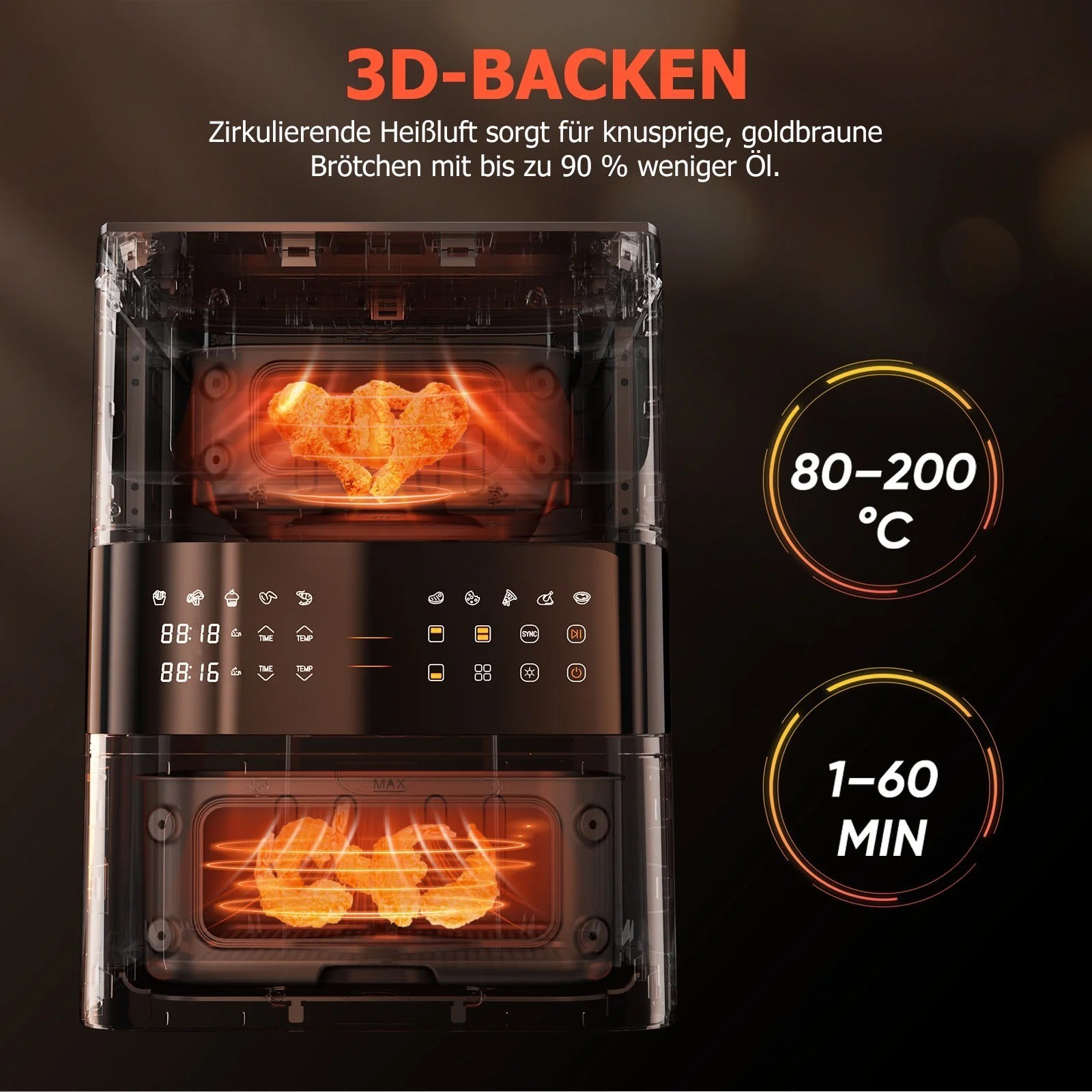 2-Tier Digital Air Fryer Dual Zone Heating Visual Window Space Saving Oil Free