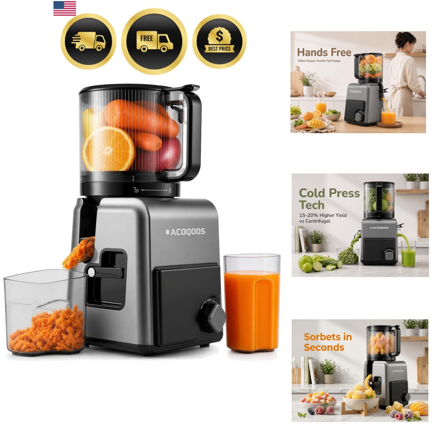 3-in-1 Cold Press Juicer Machines, 6.5″ Mega Chute for Whole Fruit, Slow Mast…