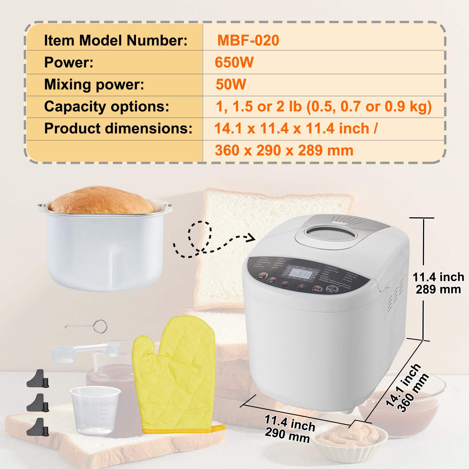 VEVOR 2LB 19-in-1 Bread Maker Automatic Compact Dough Machine Nonstick White